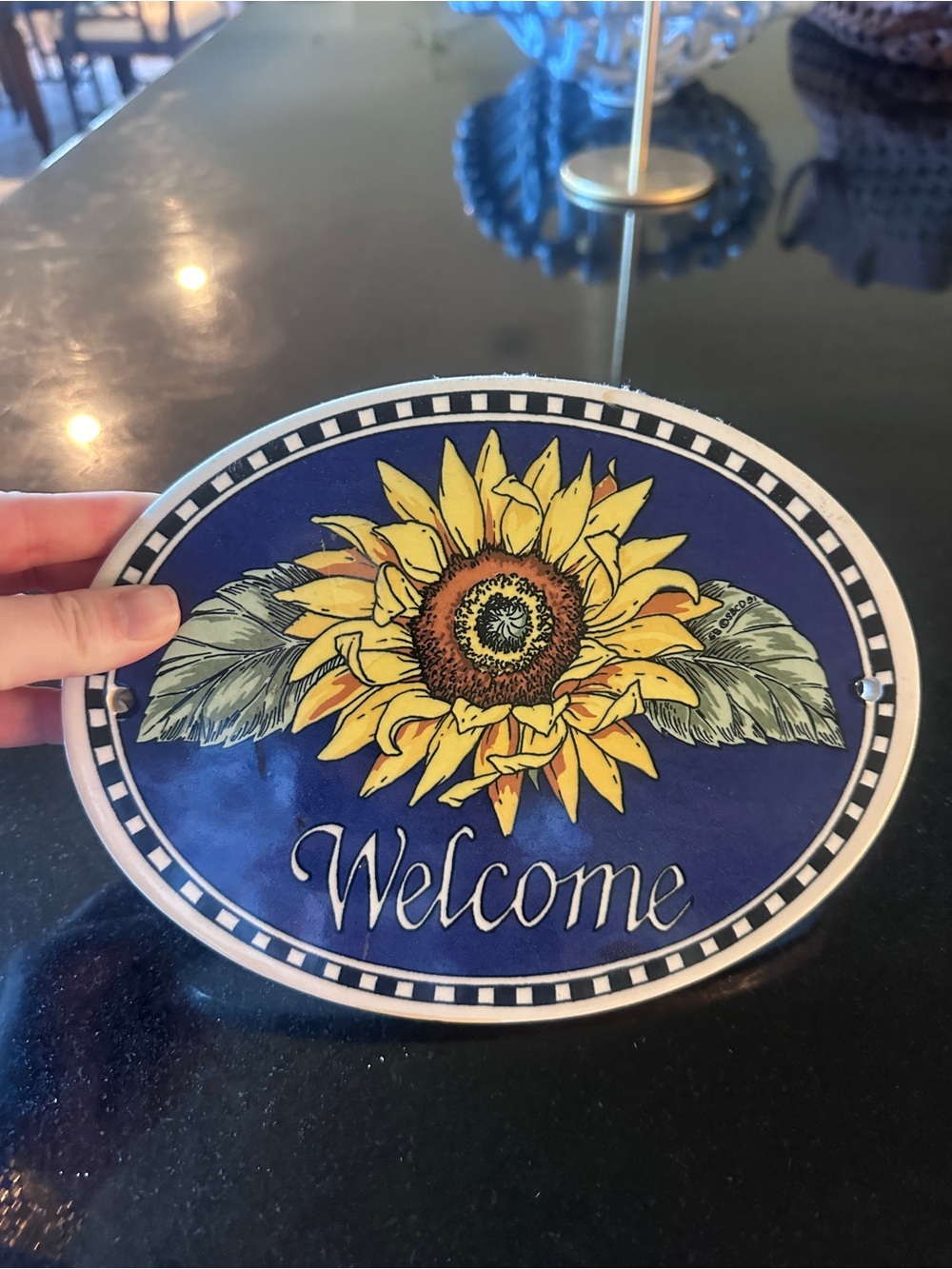 Sunflower Welcome Oval Wall Plaque - Blue and Yellow